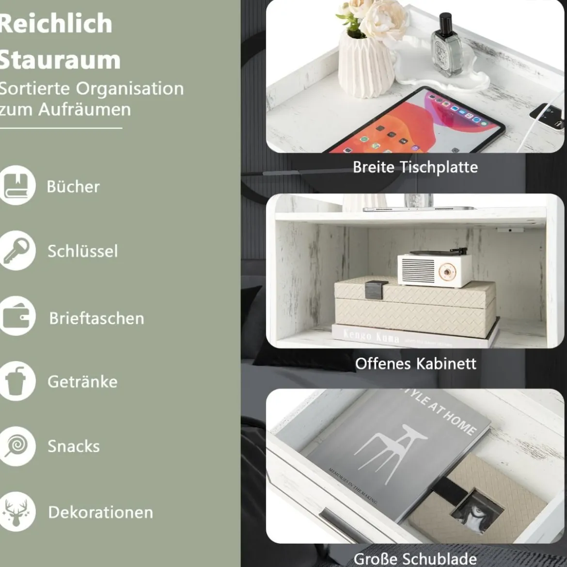 LED-Nachttisch Intelligenter Nachtschrank mit 2 USB-Anschlüssen Weiß