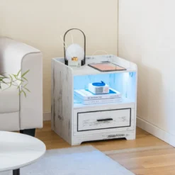 LED-Nachttisch Intelligenter Nachtschrank mit 2 USB-Anschlüssen Weiß