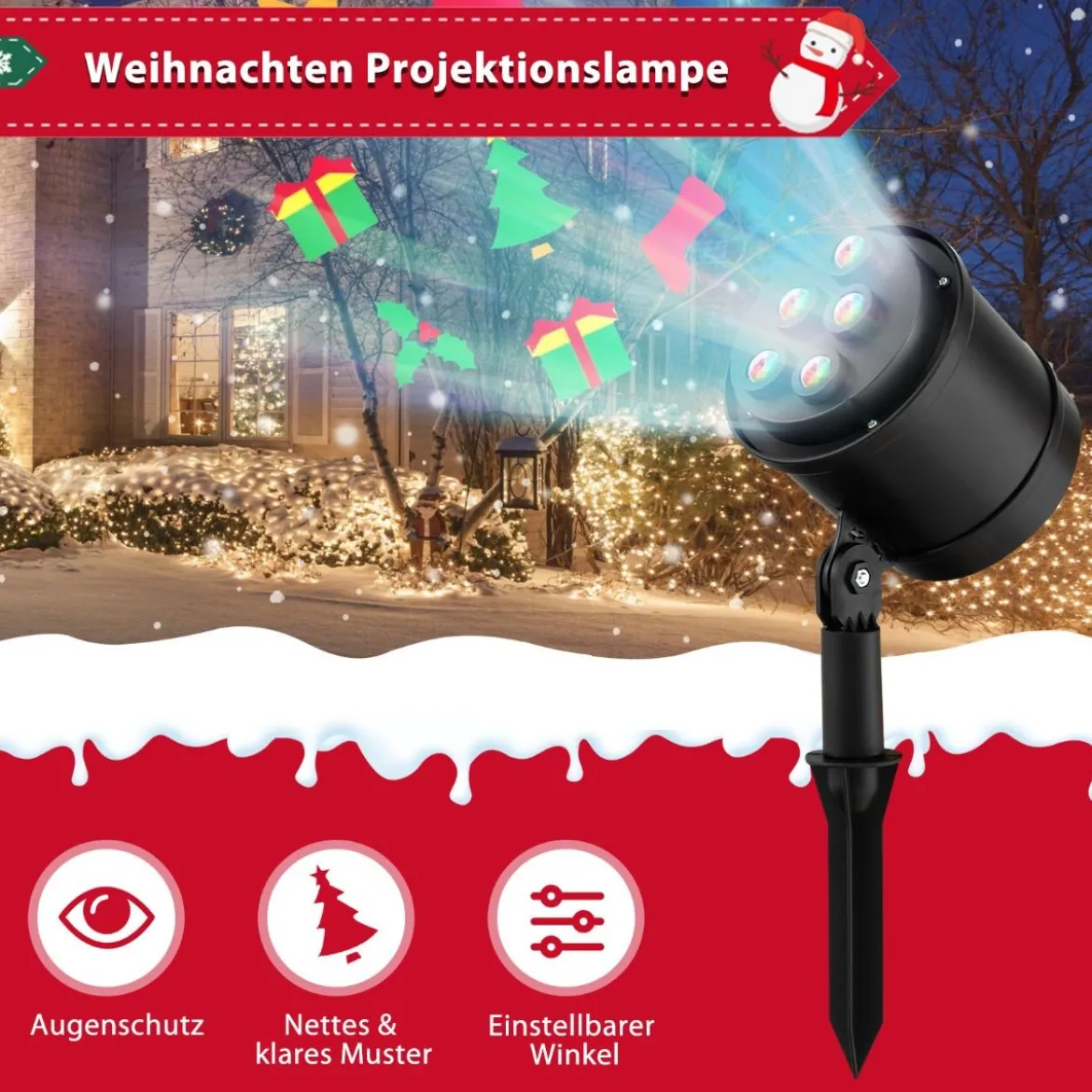 LED-Projektionslampe mit 5 Premium-LED-Leuchten für Weihnachten 11 x 12 x 45,5 cm Schwarz