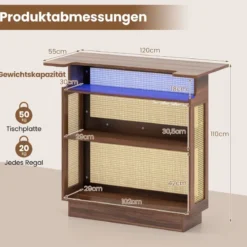 LED Rattan Hausbar mit 3-reihigen Glashaltern & 3 Ablagen Weinschrank mit RGB Beleuchtung