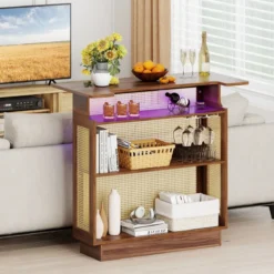 LED Rattan Hausbar mit 3-reihigen Glashaltern & 3 Ablagen Weinschrank mit RGB Beleuchtung
