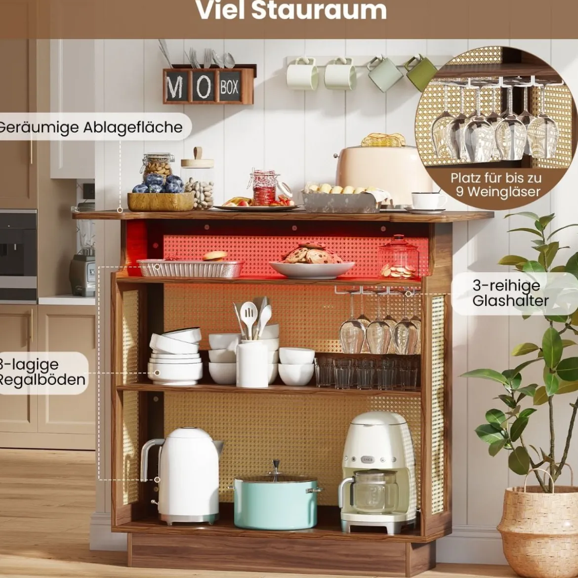 LED Rattan Hausbar mit 3-reihigen Glashaltern & 3 Ablagen Weinschrank mit RGB Beleuchtung