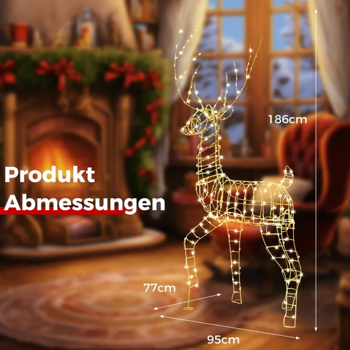 LED Rentier groß beleuchtete Weihnachtsdeko 186 cm Weihnachtsfigur mit 300 warmweißen Lichtern