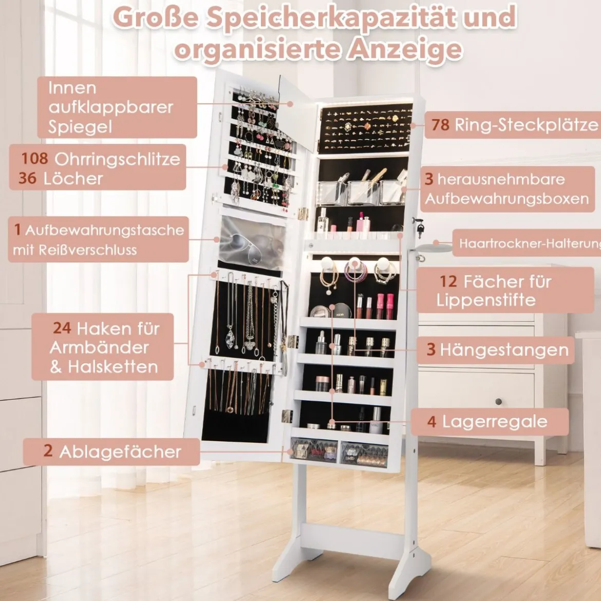 LED Schmuckschrank mit Ganzkörperspiegel und Schminkspiegel 41 x 37 x 156 cm Weiß