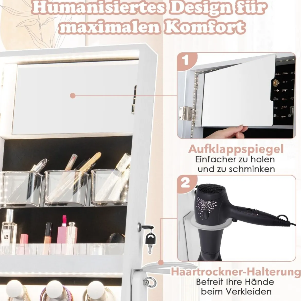 LED Schmuckschrank mit Ganzkörperspiegel und Schminkspiegel 41 x 37 x 156 cm Weiß