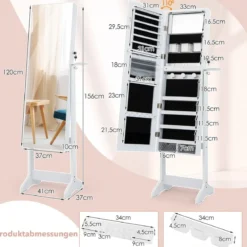 LED Schmuckschrank mit Ganzkörperspiegel und Schminkspiegel 41 x 37 x 156 cm Weiß
