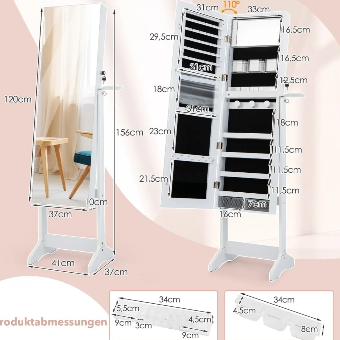 LED Schmuckschrank mit Ganzkörperspiegel und Schminkspiegel 41 x 37 x 156 cm Weiß