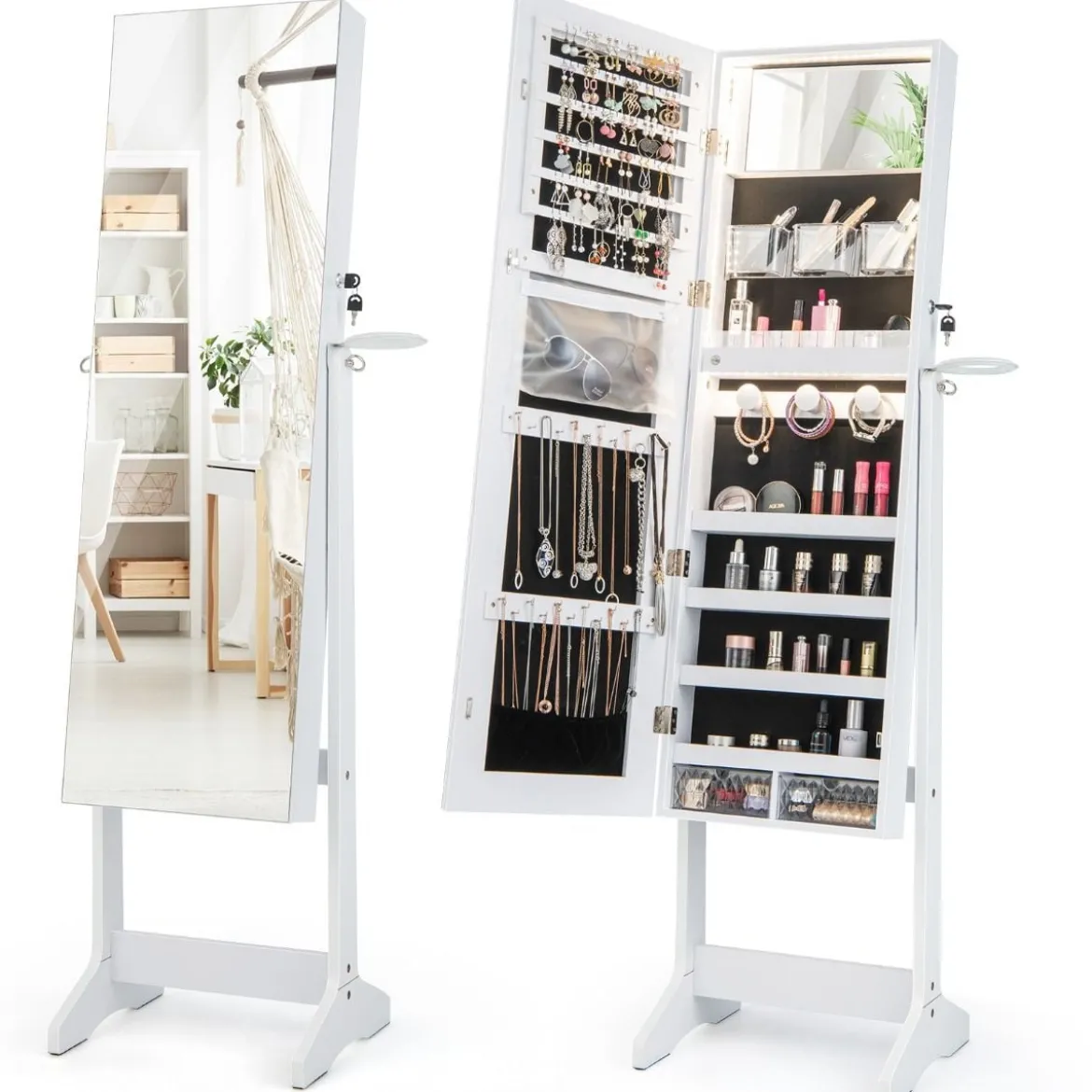LED Schmuckschrank mit Ganzkörperspiegel und Schminkspiegel 41 x 37 x 156 cm Weiß