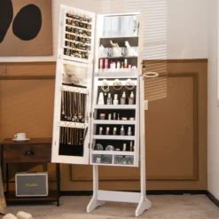 LED Schmuckschrank mit Ganzkörperspiegel und Schminkspiegel 41 x 37 x 156 cm Weiß