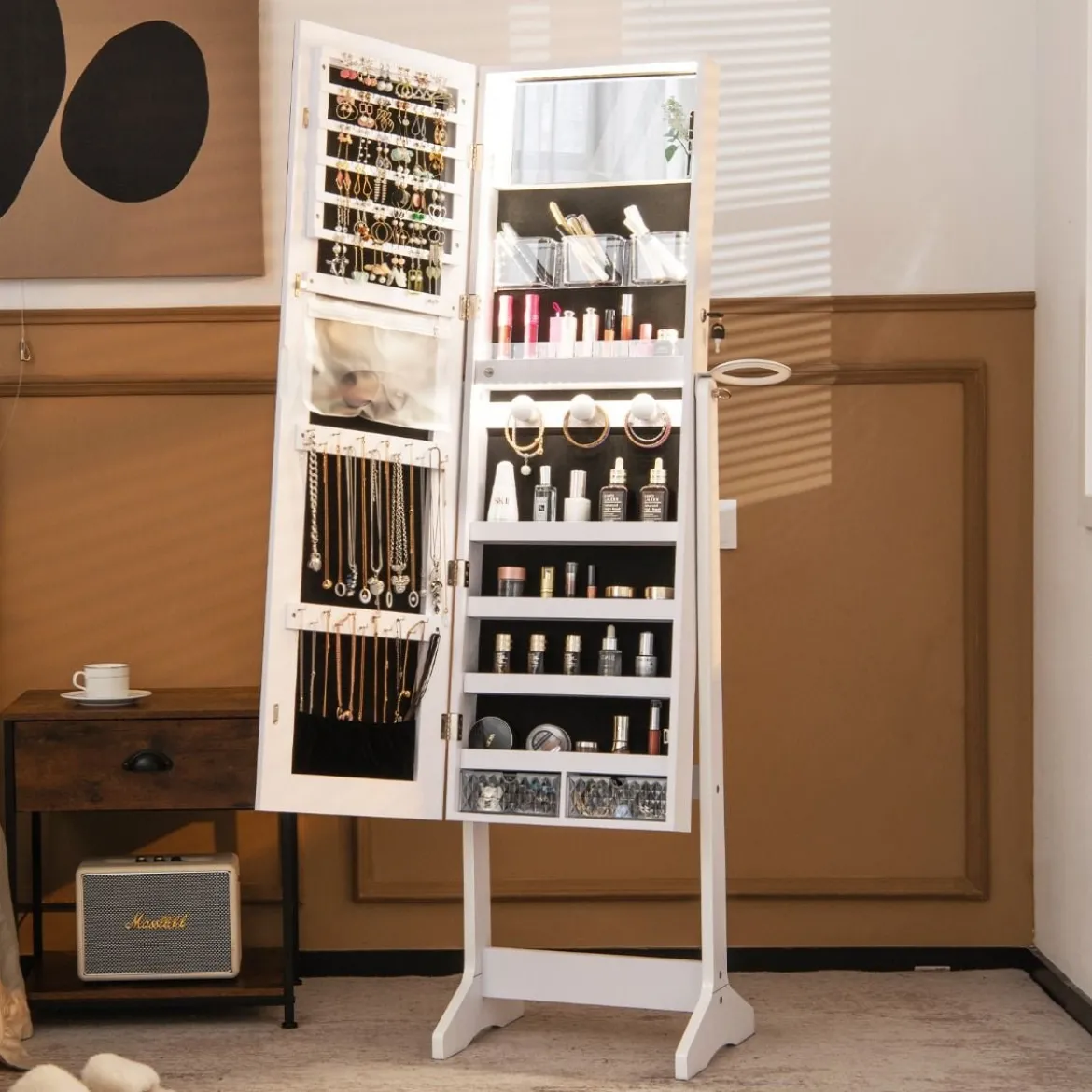 LED Schmuckschrank mit Ganzkörperspiegel und Schminkspiegel 41 x 37 x 156 cm Weiß