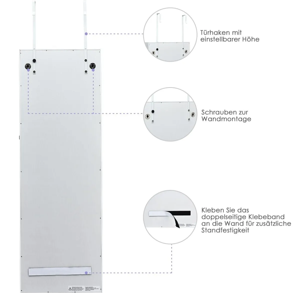 LED Schmuckschrank mit Ganzkörperspiegel Tür- und Wandmontage 37 x 9.5 x 108 cm Weiß