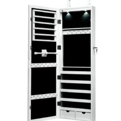 LED Schmuckschrank mit Ganzkörperspiegel Tür- und Wandmontage 37 x 9.5 x 108 cm Weiß