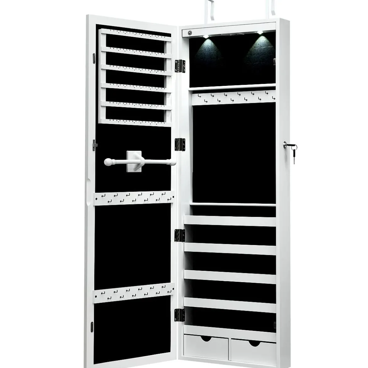 LED Schmuckschrank mit Ganzkörperspiegel Tür- und Wandmontage 37 x 9.5 x 108 cm Weiß