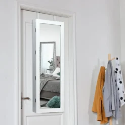 LED Schmuckschrank mit Ganzkörperspiegel Tür- und Wandmontage 37 x 9.5 x 108 cm Weiß
