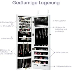 LED Schmuckschrank mit Ganzkörperspiegel Tür- und Wandmontage 37 x 9.5 x 108 cm Weiß