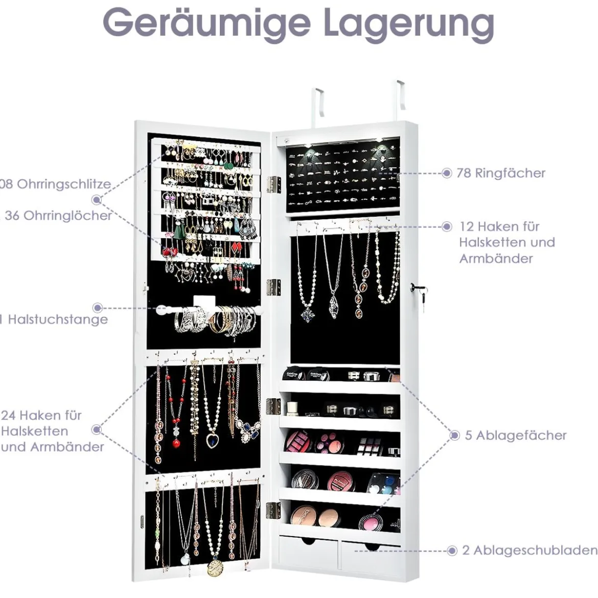 LED Schmuckschrank mit Ganzkörperspiegel Tür- und Wandmontage 37 x 9.5 x 108 cm Weiß