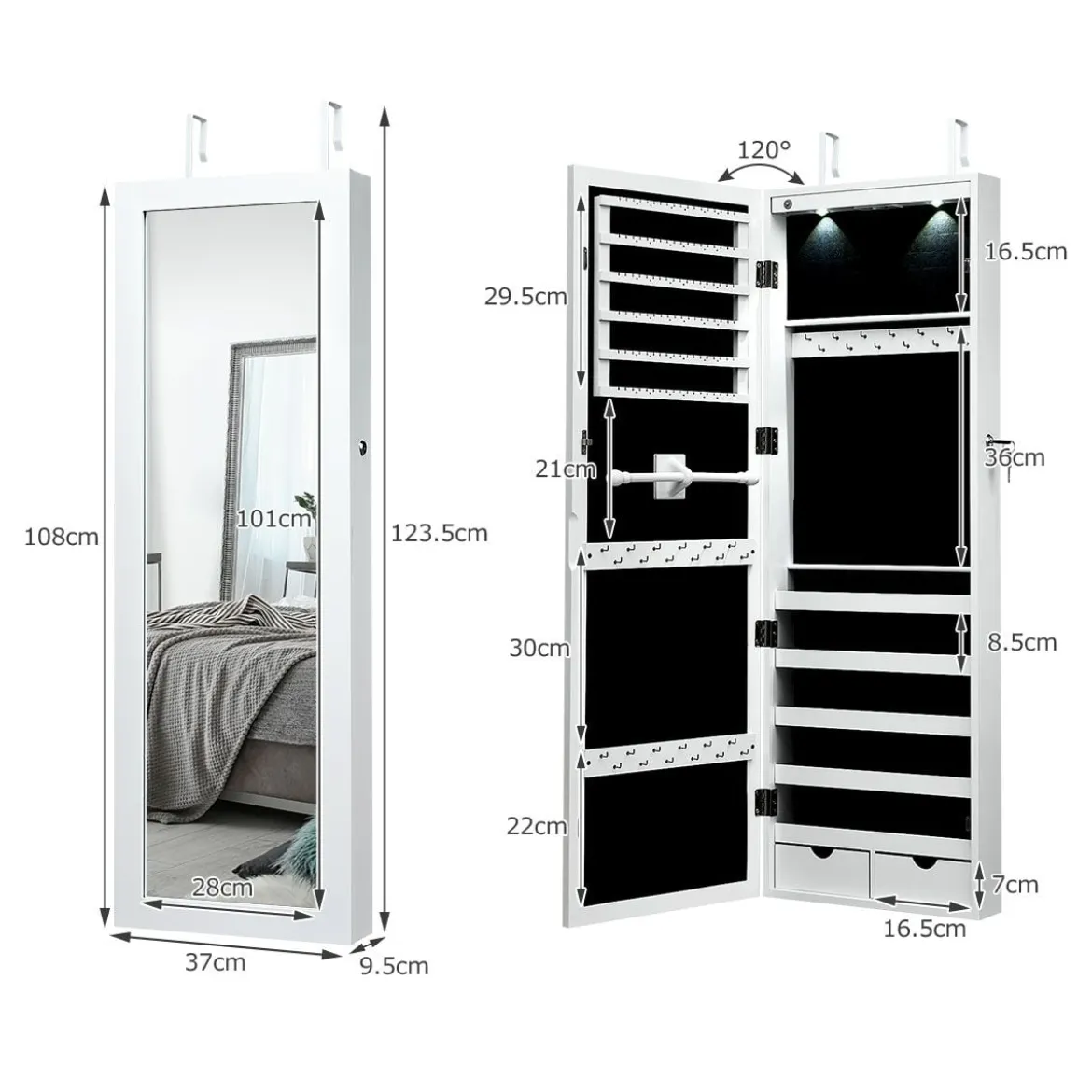LED Schmuckschrank mit Ganzkörperspiegel Tür- und Wandmontage 37 x 9.5 x 108 cm Weiß