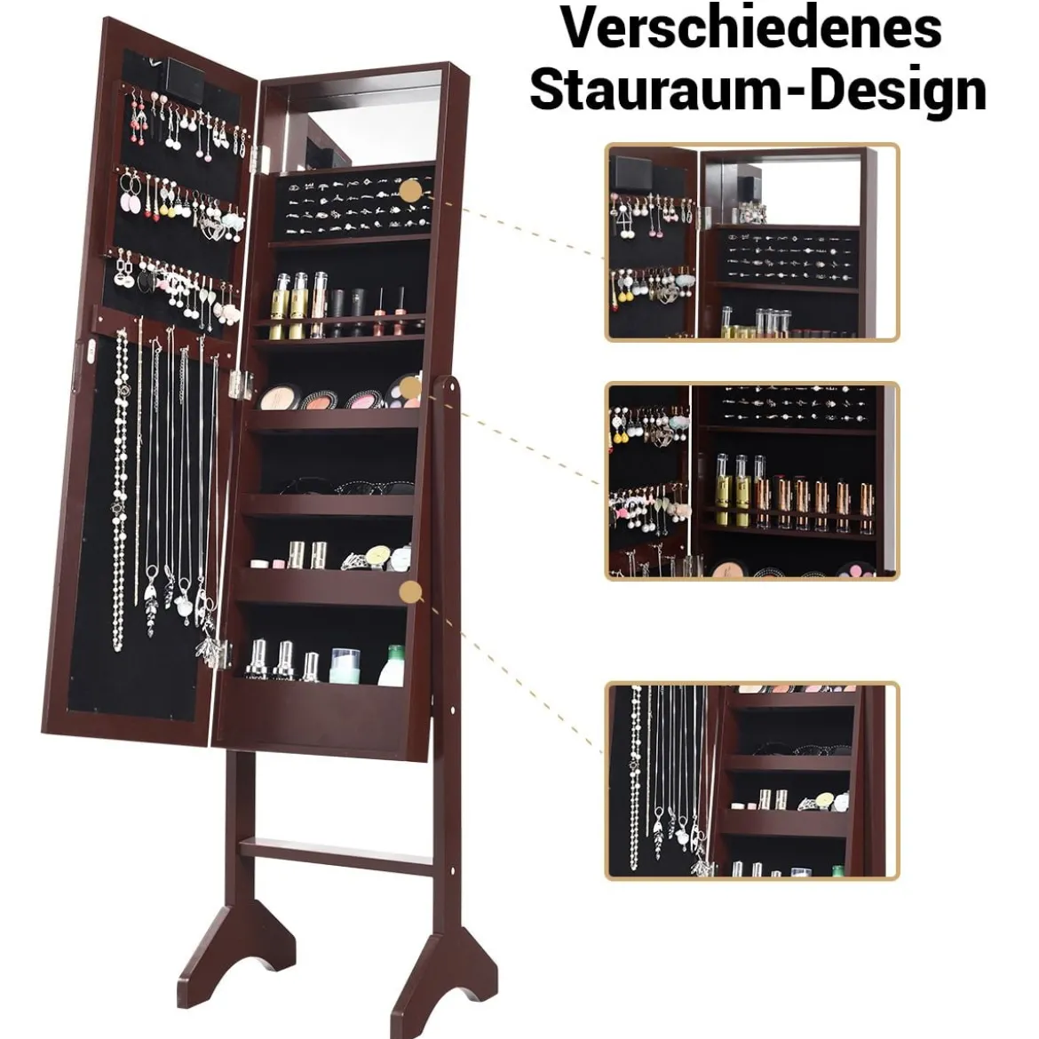 18 LED-Schmuckschrank mit Ganzkörperspiegel & Schminkspiegel Neigungsverstellbar Braun