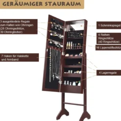 18 LED-Schmuckschrank mit Ganzkörperspiegel & Schminkspiegel Neigungsverstellbar Braun