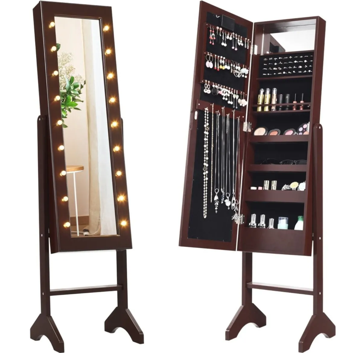 18 LED-Schmuckschrank mit Ganzkörperspiegel & Schminkspiegel Neigungsverstellbar Braun