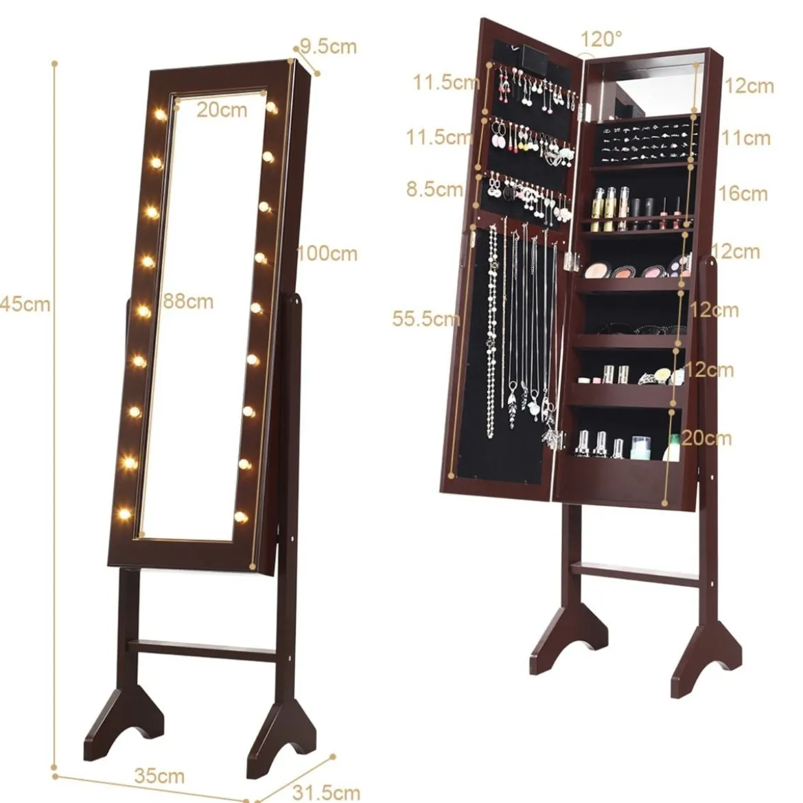 18 LED-Schmuckschrank mit Ganzkörperspiegel & Schminkspiegel Neigungsverstellbar Braun