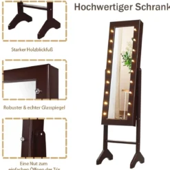 18 LED-Schmuckschrank mit Ganzkörperspiegel & Schminkspiegel Neigungsverstellbar Braun