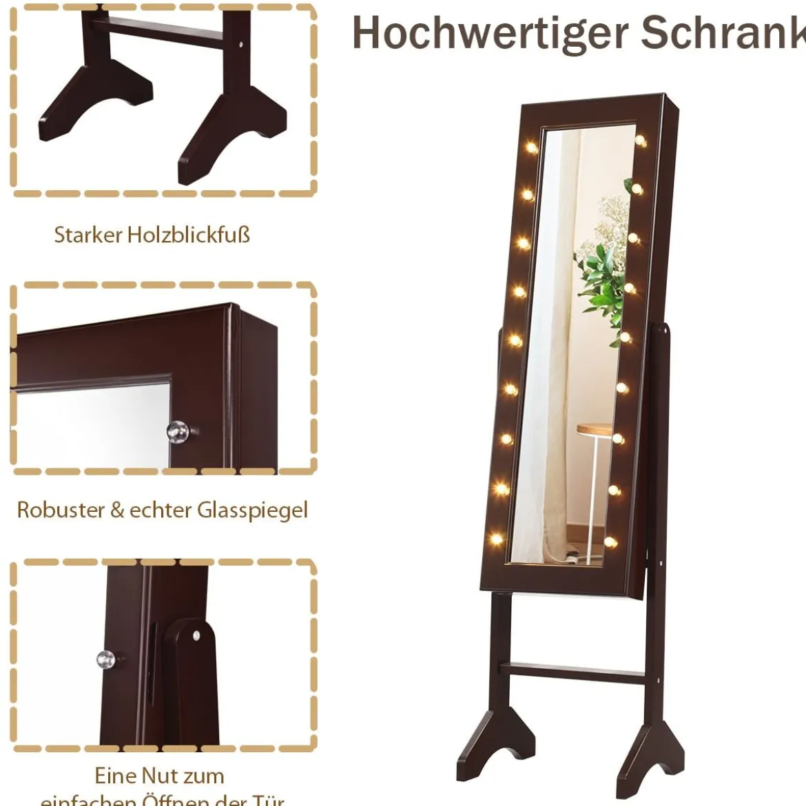 18 LED-Schmuckschrank mit Ganzkörperspiegel & Schminkspiegel Neigungsverstellbar Braun