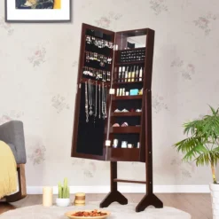 18 LED-Schmuckschrank mit Ganzkörperspiegel & Schminkspiegel Neigungsverstellbar Braun