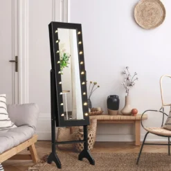 18 LED-Schmuckschrank neigungsverstellbar stehendes Design Schmuckregal mit Ganzkörperspiegel 35× 31,5 x 145 cm Schwarz