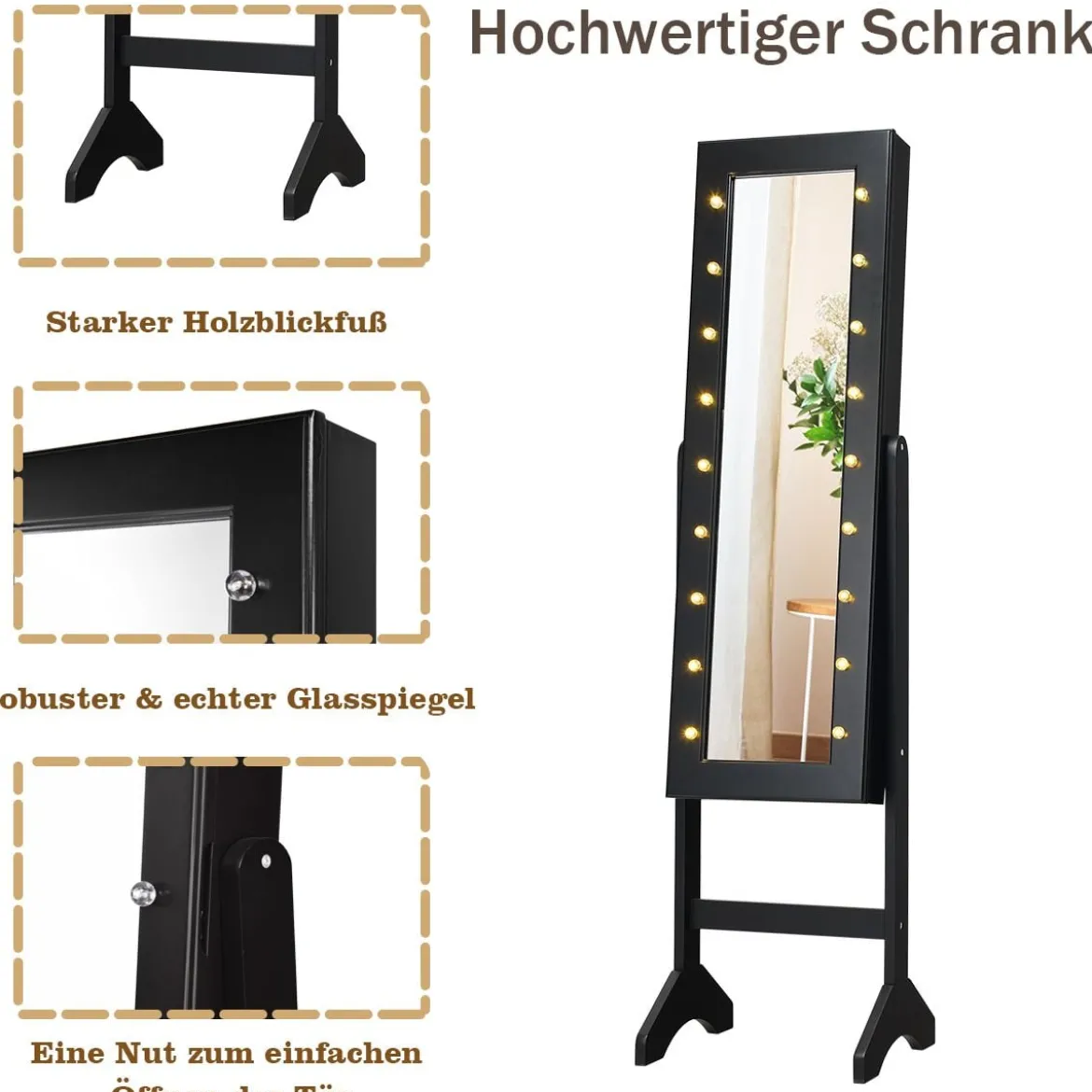 18 LED-Schmuckschrank neigungsverstellbar stehendes Design Schmuckregal mit Ganzkörperspiegel 35× 31,5 x 145 cm Schwarz