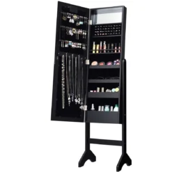 18 LED-Schmuckschrank neigungsverstellbar stehendes Design Schmuckregal mit Ganzkörperspiegel 35× 31,5 x 145 cm Schwarz
