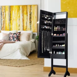 18 LED-Schmuckschrank neigungsverstellbar stehendes Design Schmuckregal mit Ganzkörperspiegel 35× 31,5 x 145 cm Schwarz