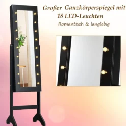 18 LED-Schmuckschrank neigungsverstellbar stehendes Design Schmuckregal mit Ganzkörperspiegel 35× 31,5 x 145 cm Schwarz