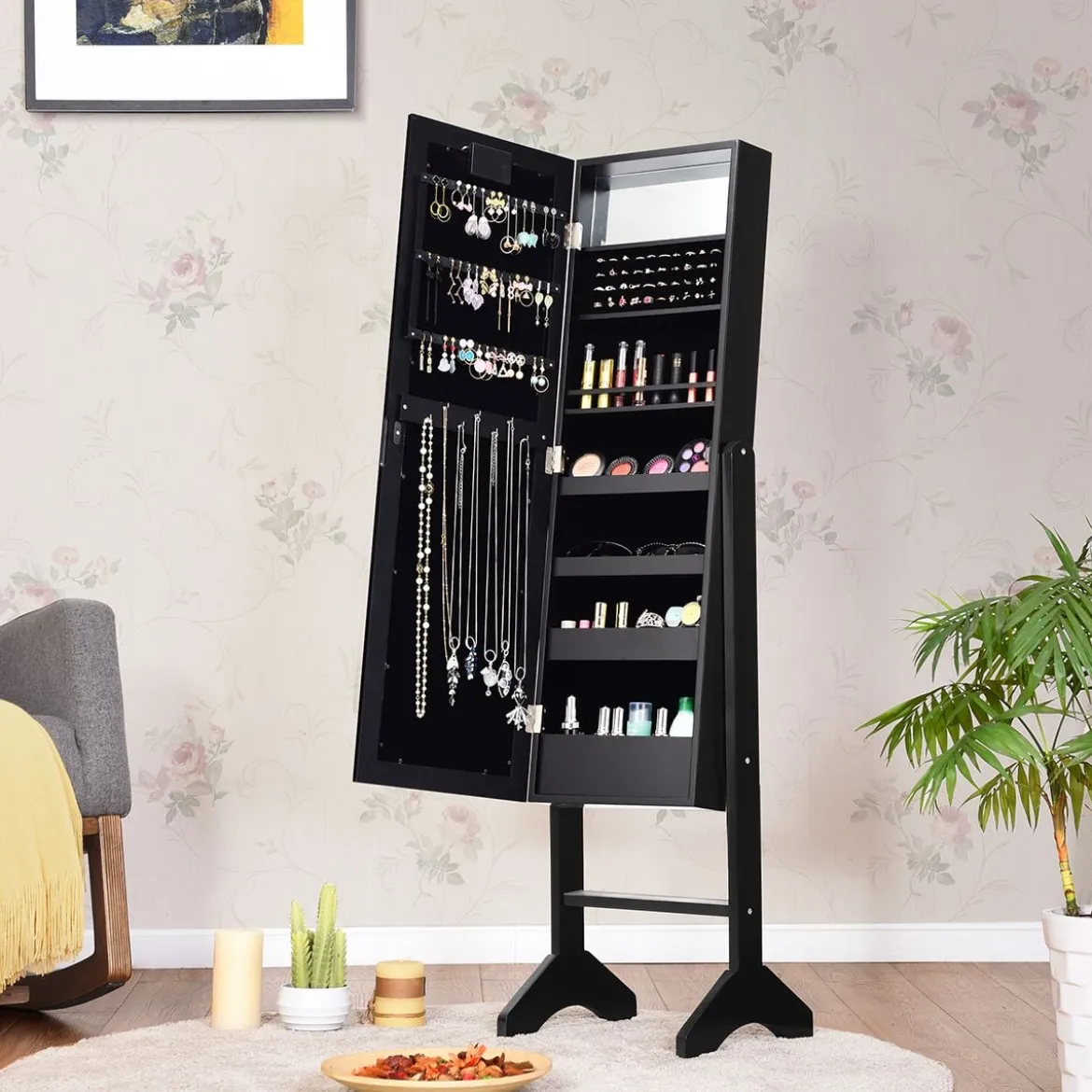 18 LED-Schmuckschrank neigungsverstellbar stehendes Design Schmuckregal mit Ganzkörperspiegel 35× 31,5 x 145 cm Schwarz
