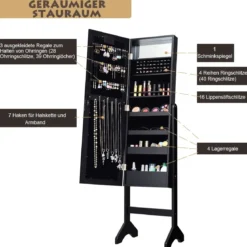 18 LED-Schmuckschrank neigungsverstellbar stehendes Design Schmuckregal mit Ganzkörperspiegel 35× 31,5 x 145 cm Schwarz