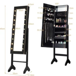 18 LED-Schmuckschrank neigungsverstellbar stehendes Design Schmuckregal mit Ganzkörperspiegel 35× 31,5 x 145 cm Schwarz