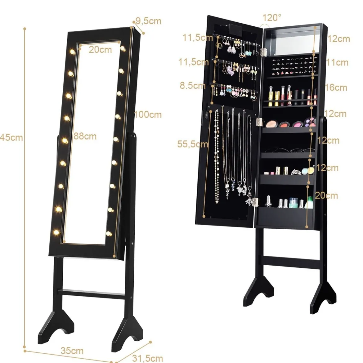 18 LED-Schmuckschrank neigungsverstellbar stehendes Design Schmuckregal mit Ganzkörperspiegel 35× 31,5 x 145 cm Schwarz