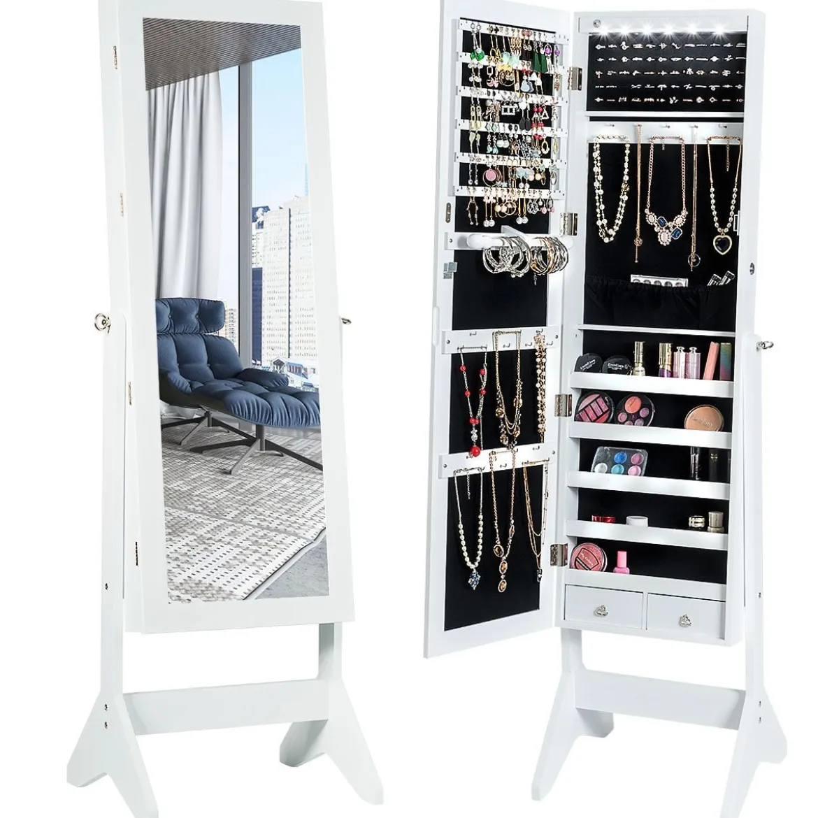 LED Schmuckschrank Schmuckregal abschließbar Schmuck Spiegelschrank neigungsverstellbar 39 x 37 x 153 cm Weiß