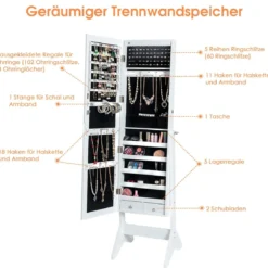 LED Schmuckschrank Schmuckregal abschließbar Schmuck Spiegelschrank neigungsverstellbar 39 x 37 x 153 cm Weiß