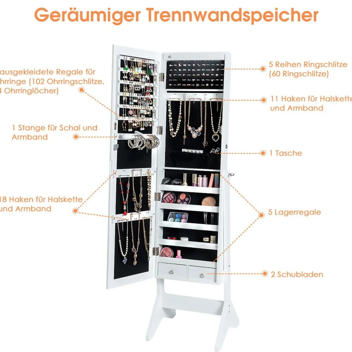 LED Schmuckschrank Schmuckregal abschließbar Schmuck Spiegelschrank neigungsverstellbar 39 x 37 x 153 cm Weiß