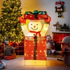 LED Schneemann in Geschenkbox mit 100 Warmweißen LED-Lichtern Beleuchtete Weihnachtsdeko