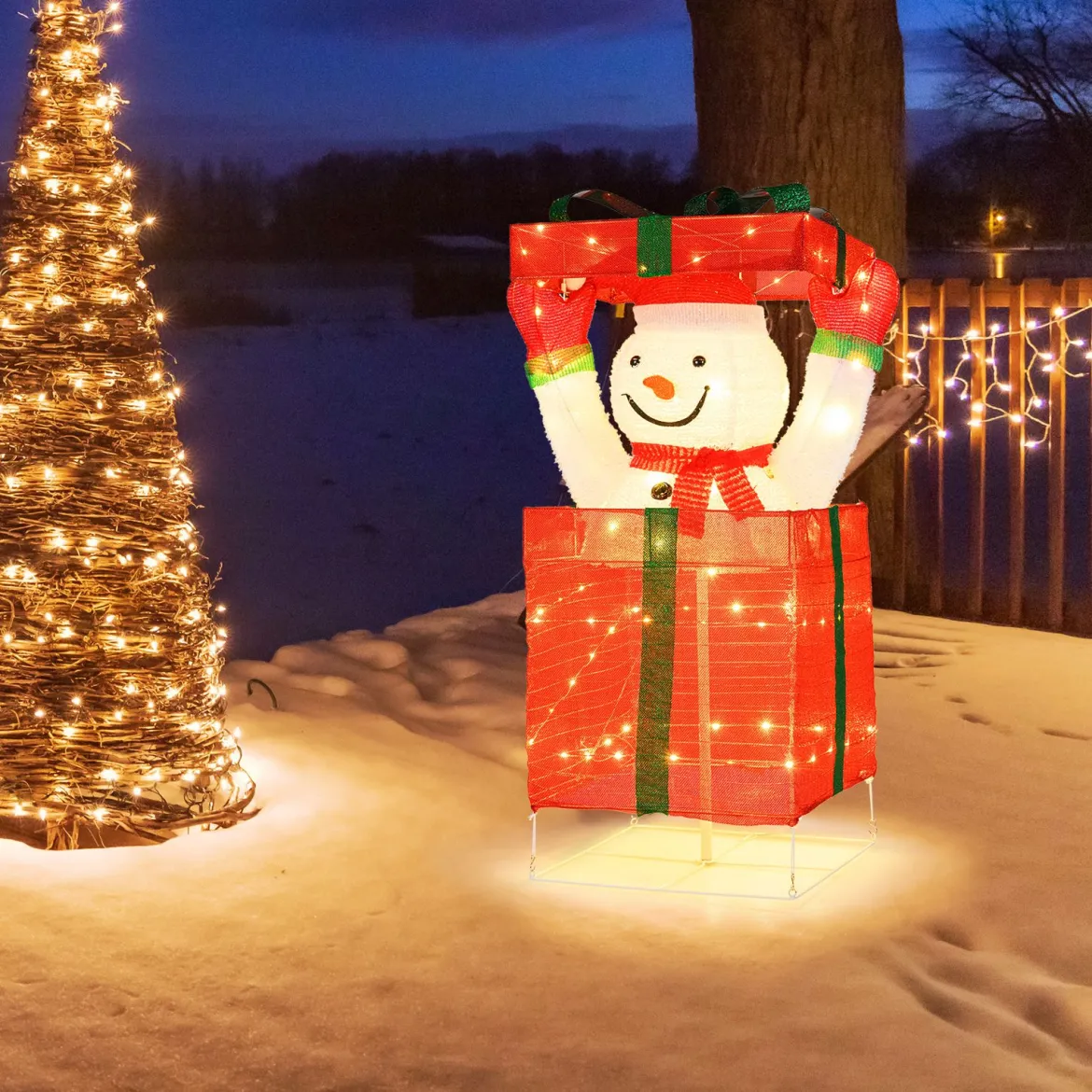 LED Schneemann in Geschenkbox mit 100 Warmweißen LED-Lichtern Beleuchtete Weihnachtsdeko