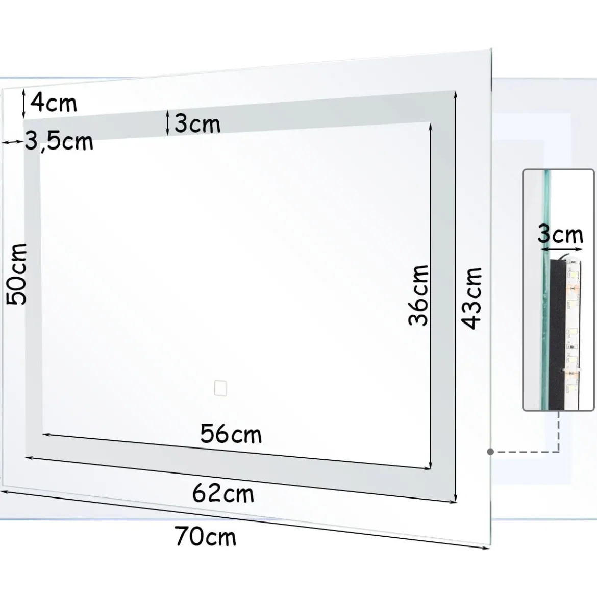 LED-Spiegel Badezimmer Spiegel mit Beleuchtung Wandspiegel Quadratisch 70 x 50 x 3 cm