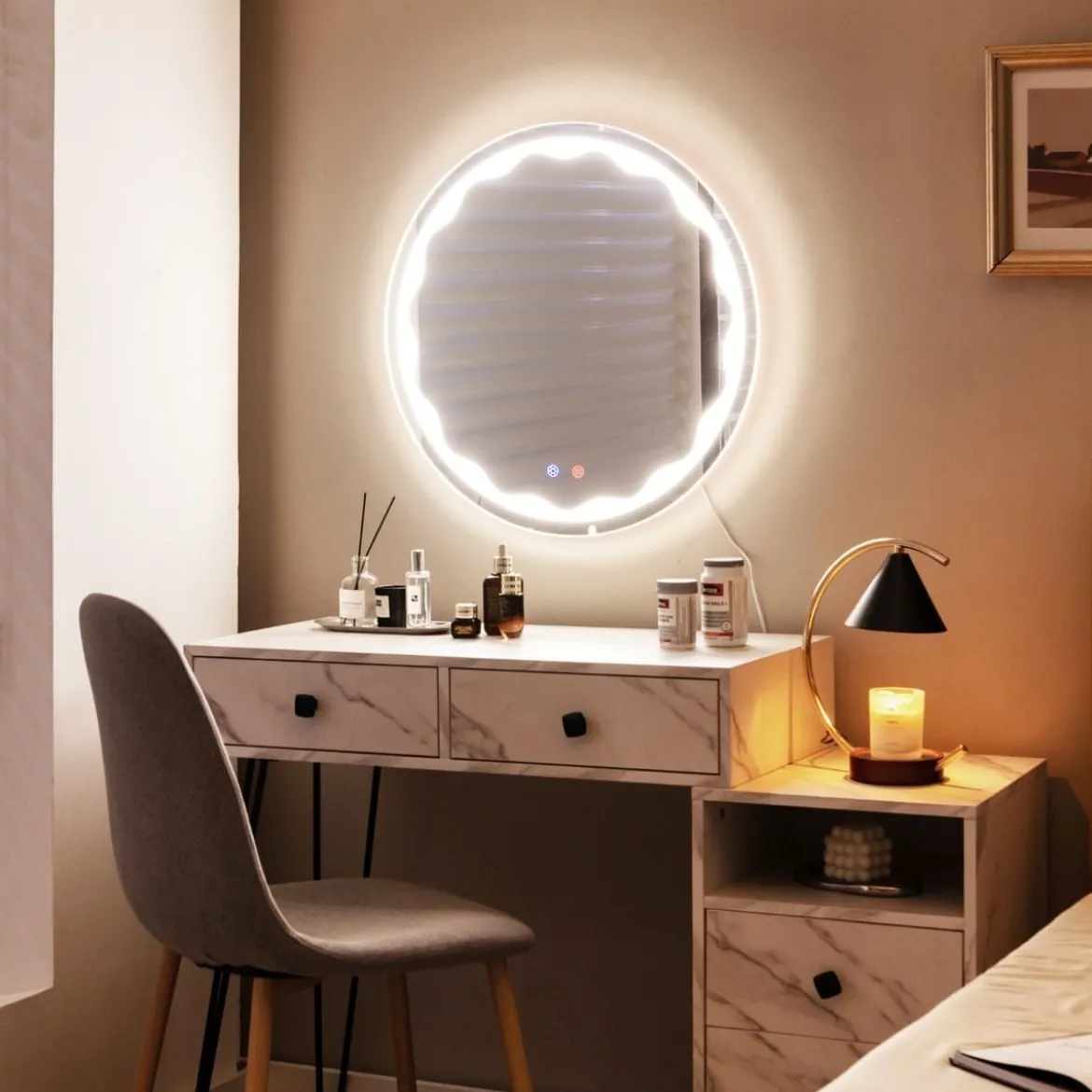 LED-Spiegel Ø 60 cm Runder LED-Spiegel mit Anti-Beschlage Spiegelheizung Badezimmerspiegel Schutzklasse IP65