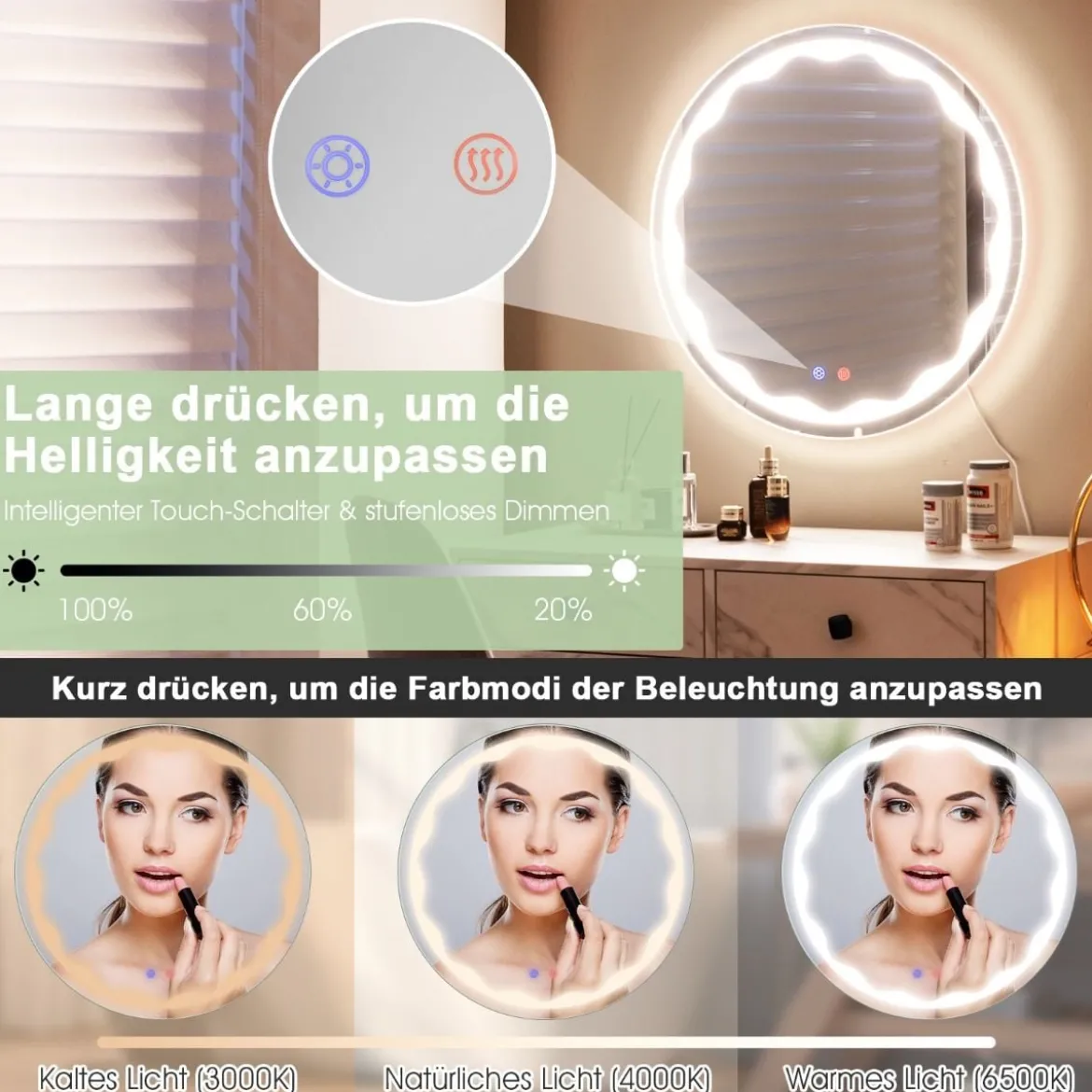 LED-Spiegel Ø 60 cm Runder LED-Spiegel mit Anti-Beschlage Spiegelheizung Badezimmerspiegel Schutzklasse IP65