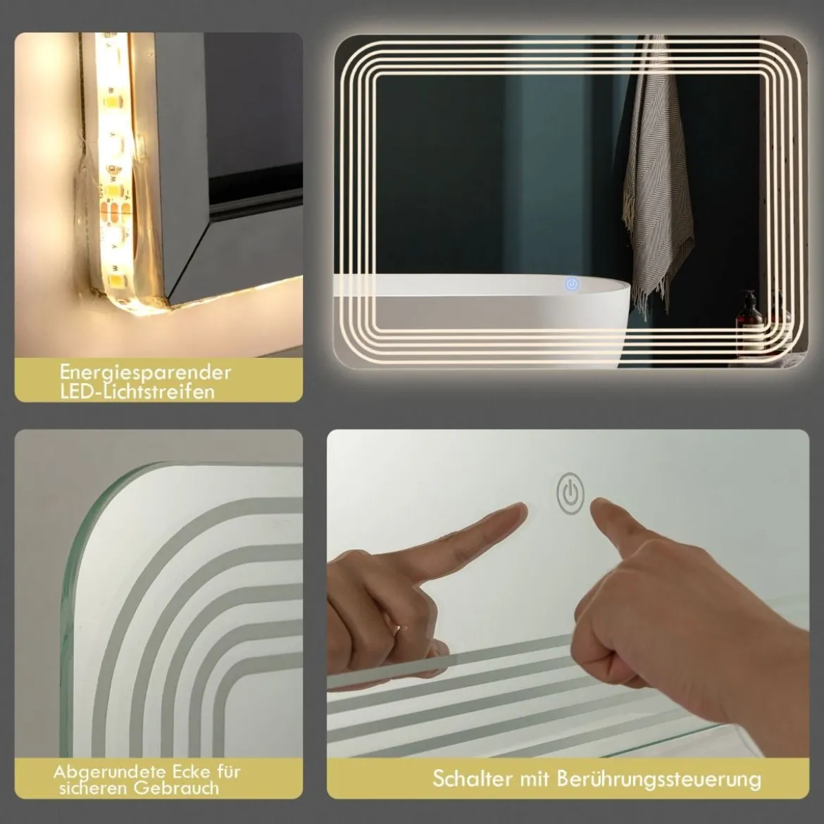 LED-Spiegel mit Anti-Beschlage Spiegelheizung 3-farbiges Licht Kosmetikspiegel 70 x 50 cm
