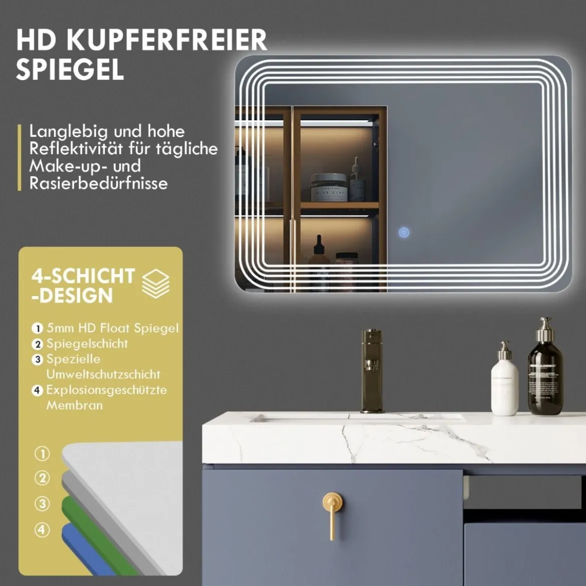 LED-Spiegel mit Anti-Beschlage Spiegelheizung 3-farbiges Licht Kosmetikspiegel 70 x 50 cm