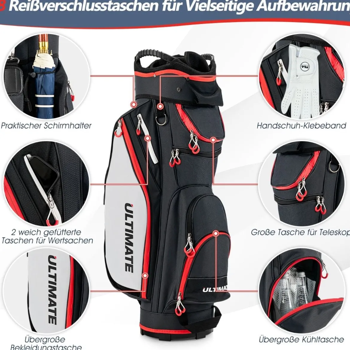 Leichte Golfschlägertasche mit 14-fach-Unterteilung in Voller Länge Schwarz
