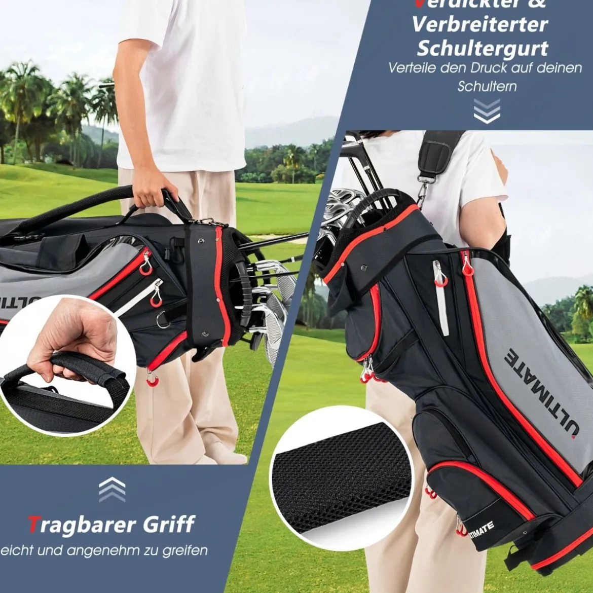 Leichte Golfschlägertasche mit 14-fach-Unterteilung in Voller Länge Schwarz