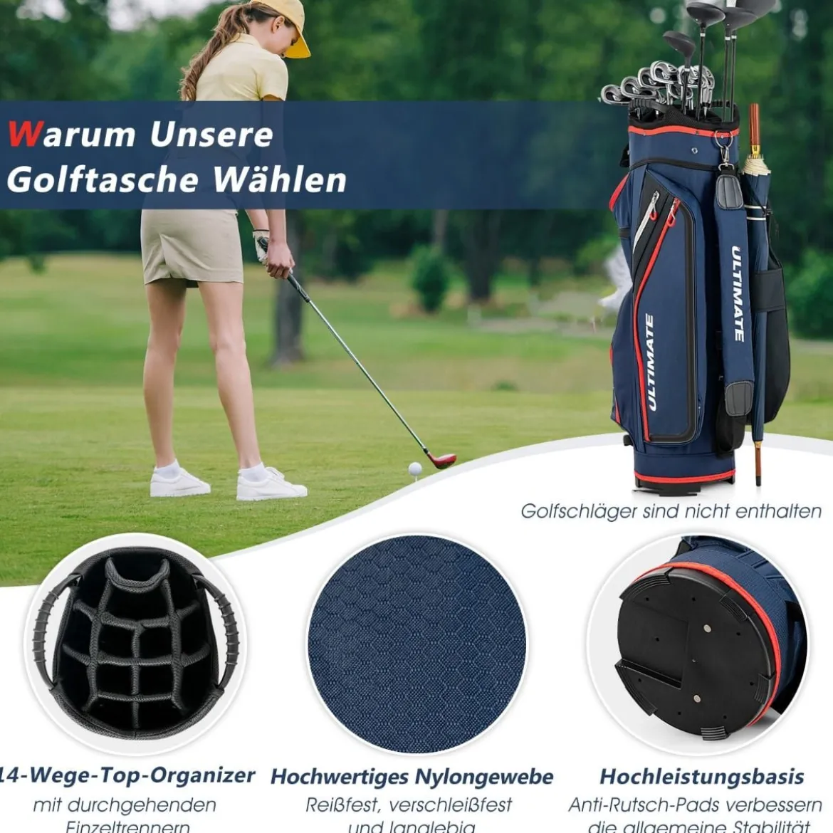 Leichte Golfschlägertasche mit 14-fach-Unterteilung in Voller Länge Marine